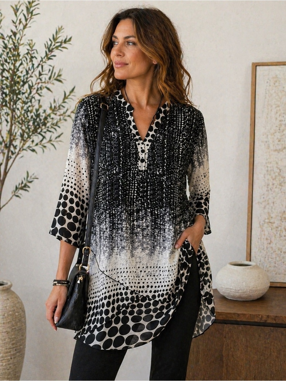 Creation XL Sheer Tunic Blouse Black White Polka Dot Abstract Layered Boho Top - Picture 2 of 13